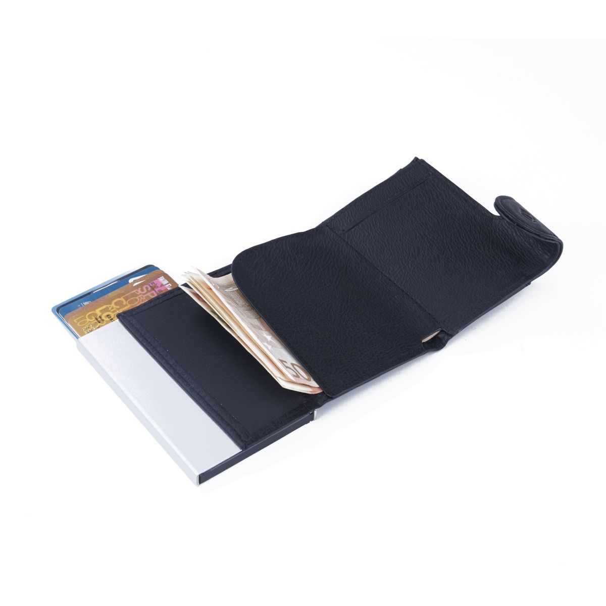C-Secure Aluminum Card Holder with Genuine Leather - Black